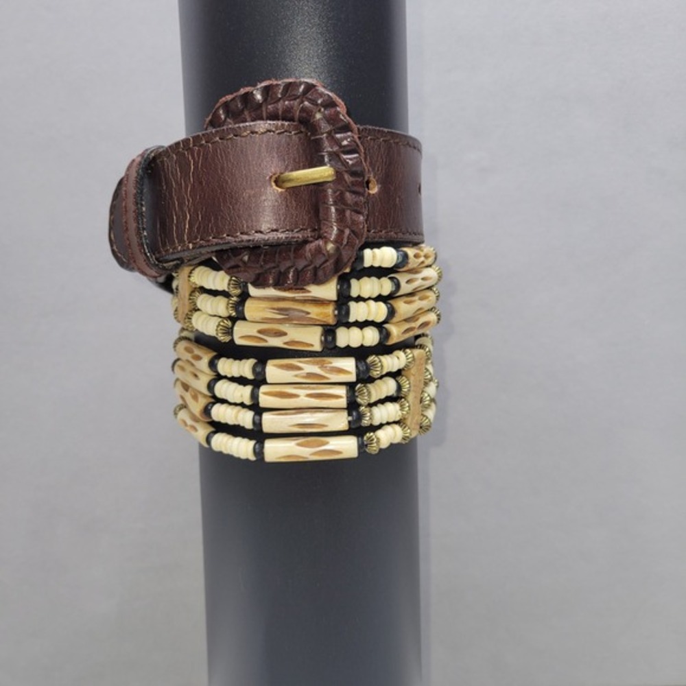 First Issue Beaded Leather Belt Women L Genuine Leather Bone Brass Made in India